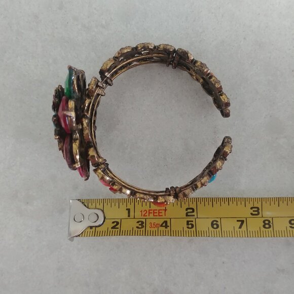 Women's colourful large flower intricate cuff bracelet brass multicolour stones - Picture 10 of 11